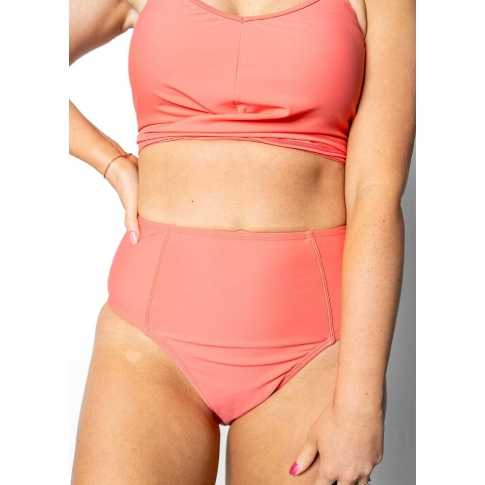 Kortni Jeane High Waist Swim Bottoms Deep Coral Pink Medium